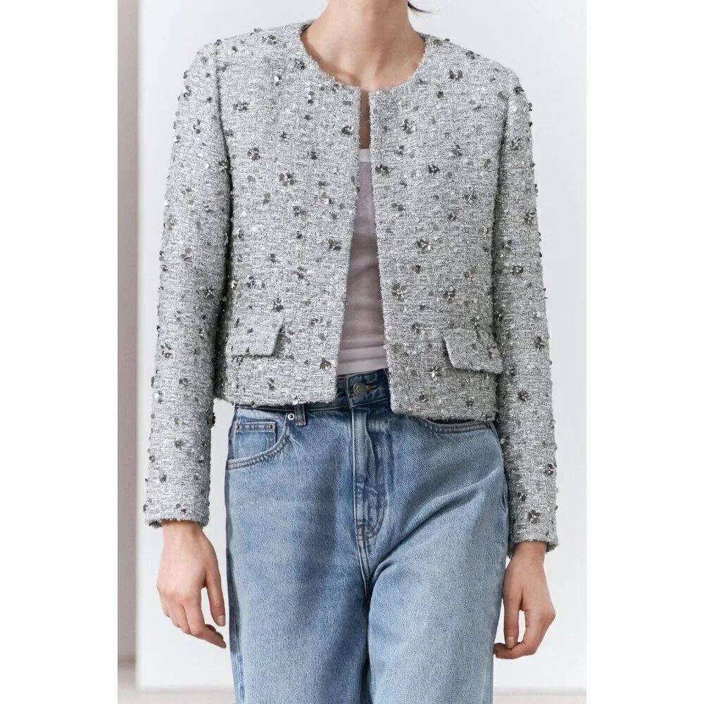 Zara Womens Sequin Blazer Jacket Size S Silver Textured Lined 2885/152 NWT